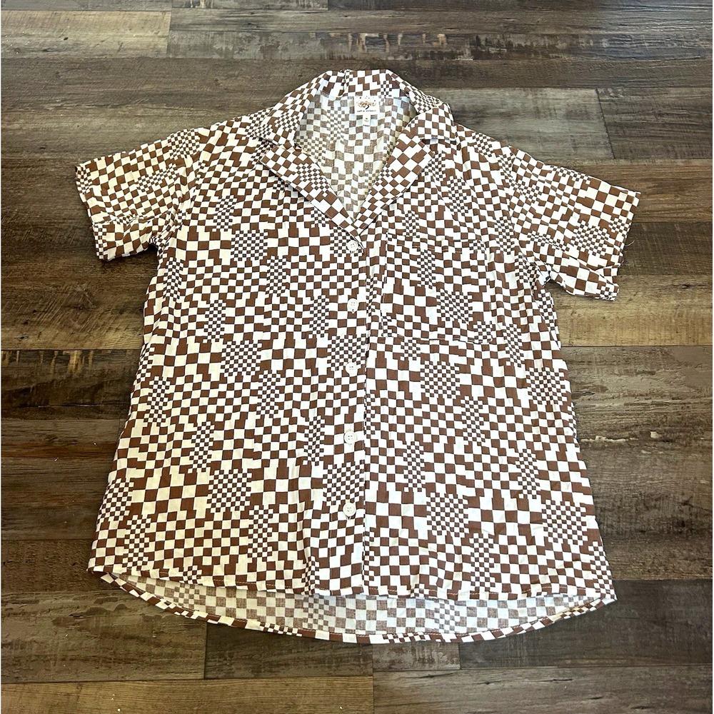 Self Esteem Check Short Sleeve Button-Up Shirt Brown/White Rayon M